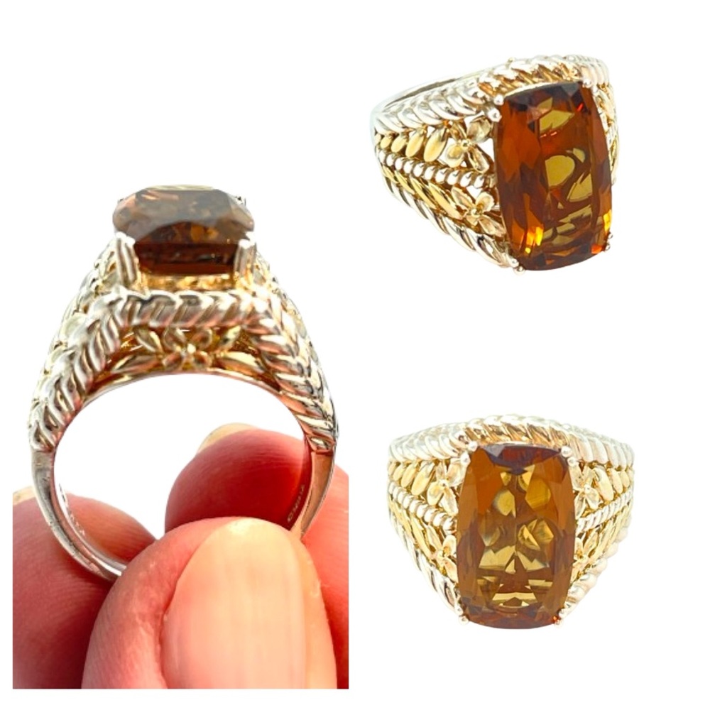 Silver Citrine & Gold Tone Ring | Large Faceted Gem Stone | 925 Sterling